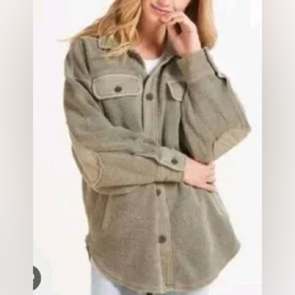 Free People Ruby Fleece Shirt Oversized Jacket Jaded Olive Green Xmas Gift sz M